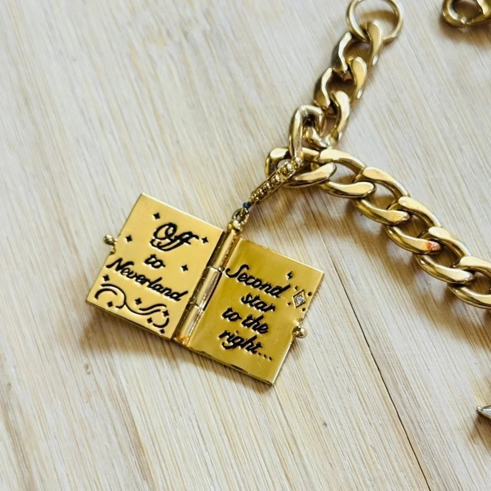 Disney Couture Story Book Tinker Bell Charm Bracelet Gold Plated Chain Crystal